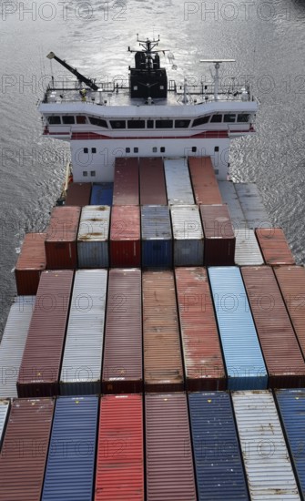 Aerial view of a container ship in the Kiel Canal, NOK, Kiel Canal, Kiel Canal, Schleswig-Holstein,