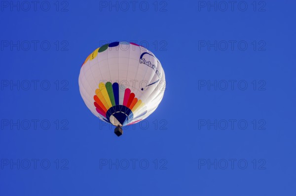 A hot air balloon, registration D-OÖJ, rises into the air as part of an air show at the