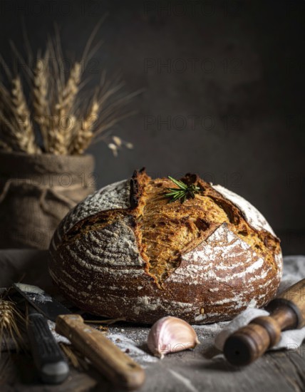 Rustic loaf of whole grain bread, fresh baked, close up of bread on dark wooden table, golden rust,