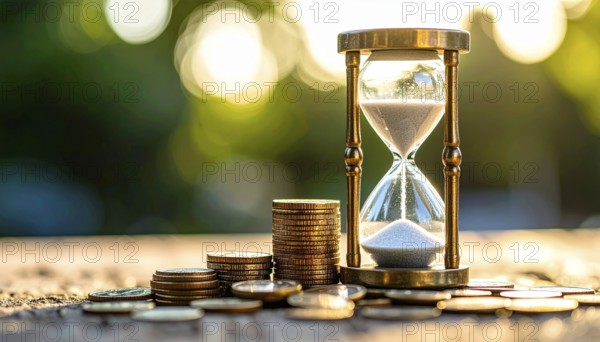 Hourglass and stacked golden coins, illustrating currency fluctuation and time impact commodities