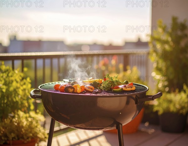 Cooking vegetables on grill on the balcony, healthy lifestyle, vegetarian barbeque, leisure time in