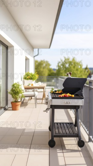 Cooking vegetables on grill on the balcony, healthy lifestyle, vegetarian barbeque, leisure time in