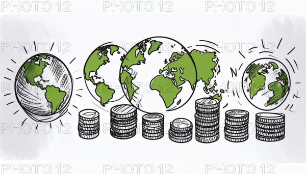 Green earth globe with silver coin stack symbolizing global finance economy and sustainable growth,