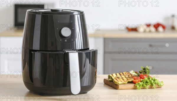 Air fryer with grilled vegetables, wooden table in the kitchen, healthy eating, healthy vegetarian