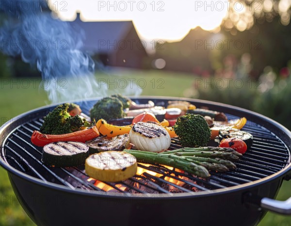 Cooking vegetables on grill outdoors, healthy lifestyle with healthy food, close up of grill with