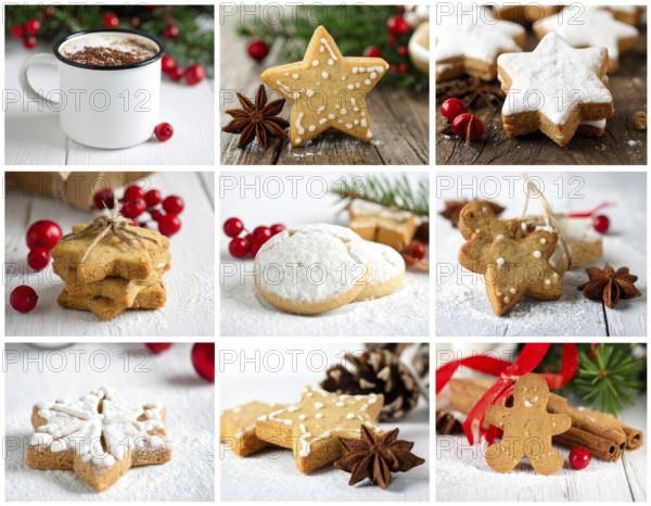 Collage of Christmas cookies and sweets, variation of sweet desserts, lots of unhealthy calories,