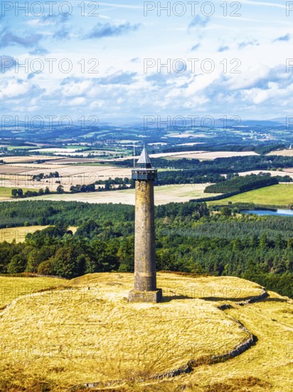 Waterloo Monument over Scottish fields and farms from a drone, Jedburgh, Scotland, UK