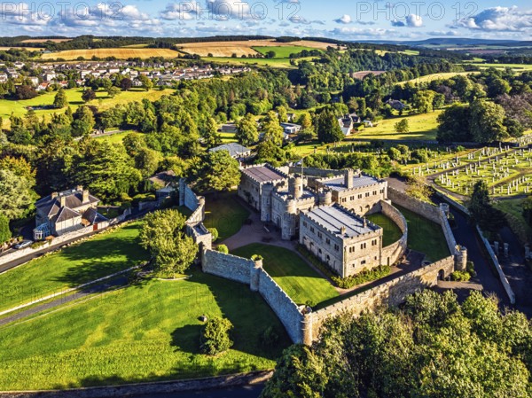Jedburgh Castle from a drone, Jedburgh, Scottish Borders, Scotland, UK