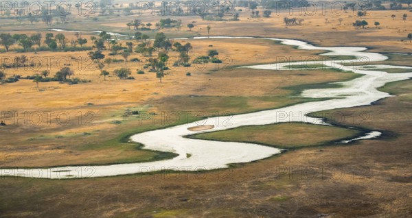 River landscape, idyllic river course, savanna, aerial view, Okavango Delta, Botswana