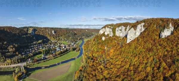Aerial view, panorama of the Upper Danube Valley, surrounded by autumn vegetation with the