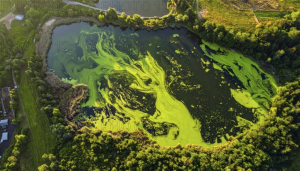 Green algae on the lake. Aerial view of nature, landscape with hills and forest in summer, cloudy