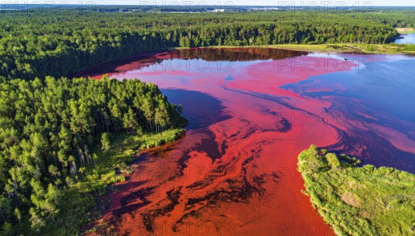 Red algae plant on the lake. abstract ecology nature concept, wild landscape with vibrant red