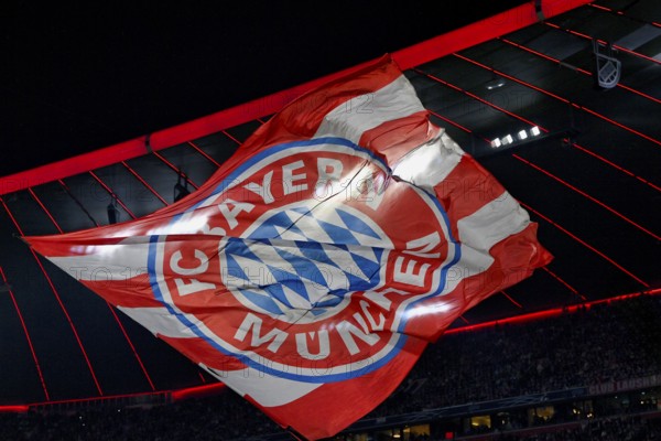 Flag, flying under stadium roof, logo FC Bayern Munich, FCB, Champions League, Allianz Arena,