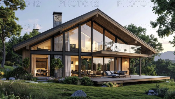 Modern Extension on a Traditional Cottage with Glass and Wood Architecture, green garden with