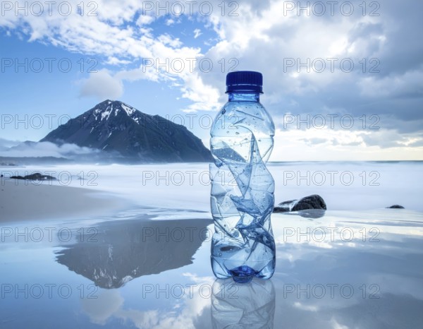 Crushed plastic water bottle waste in a wild landscape, symbol for nature protection, waste
