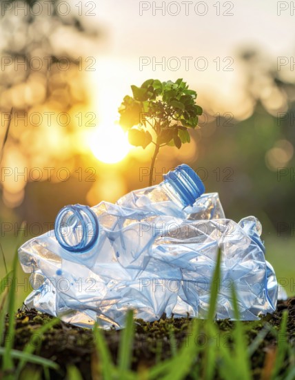 Crushed plastic water bottle waste in a wild landscape, symbol for nature protection, waste
