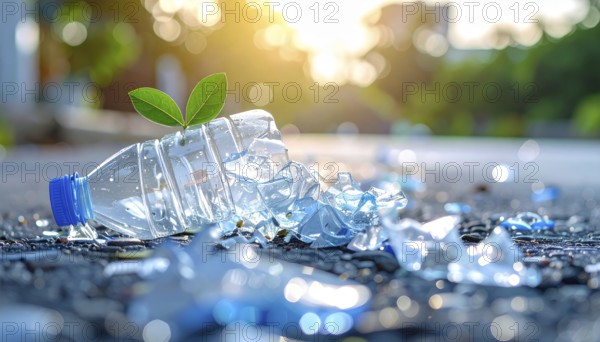 Crushed plastic water bottle waste in a wild landscape, symbol for nature protection, waste