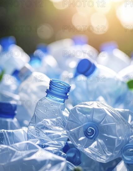 Crushed plastic water bottle waste in a wild landscape, symbol for nature protection, waste