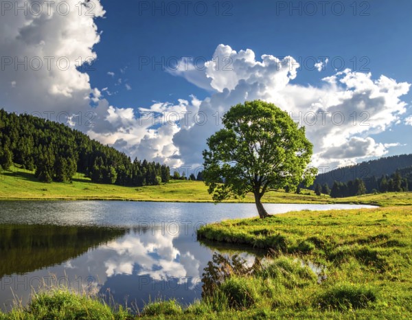 Single and lonely tree near to a lake, meadow and lot of wild grass around, hilly wilderness