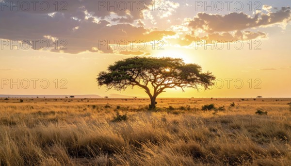 Single acacia tree in the savannah at sunset, solitude in the wild, dry grass in the foreground,