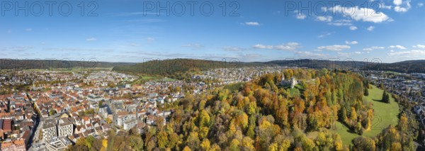 Aerial view, panorama of the ruins of Honburg Castle on the Honberg above the town of Tuttlingen,