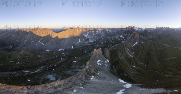 Sunrise 360° Alpine panorama, aerial view of Bachlenkenkopf, summit of the Großvenediger, Venediger