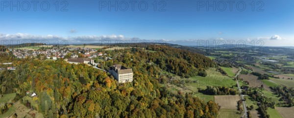 Aerial view, panorama of Heiligenberg Castle, a Renaissance-style palace complex, Tübingen