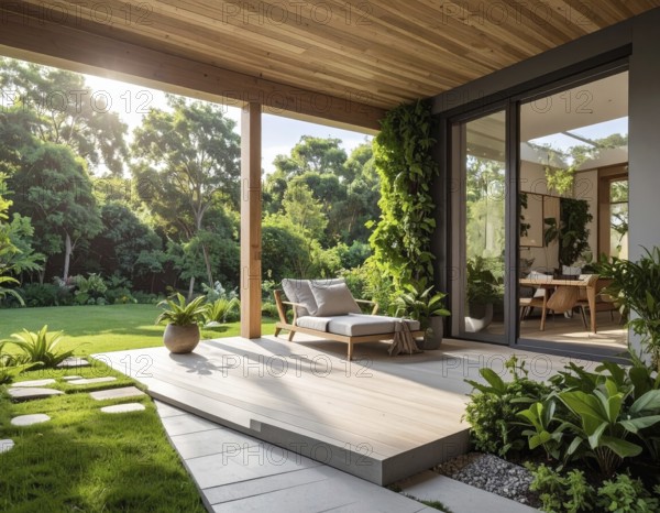 An eco-friendly porch designed for sustainable living in an environmentally-conscious home, lush