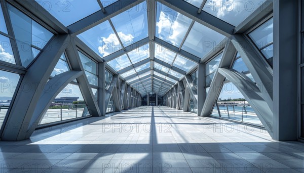 Modern architectural framework with glass and steel structure, glass facade with a greed of steel