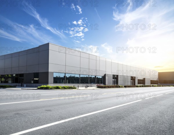 Modern supermarket building exterior against blue sky, Inviting white facade, some clouds, concept