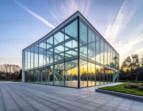 Modern architectural framework with glass and steel structure, glass facade with a greed of steel