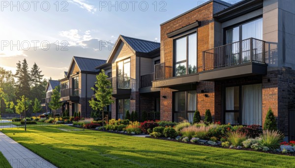Modern apartment building with balconies and well-kept landscaping at sunset, Modern multifamily