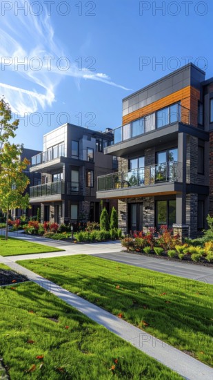 Modern apartment building with balconies and well-kept landscaping at sunset, Modern multifamily