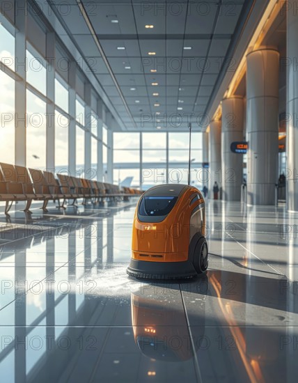 Autonomous cleaning roboter at modern airport terminal, showcasing advanced technology, daylight in