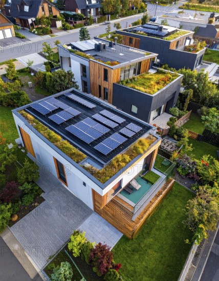 Aerial view showcases modern houses with solar panels and green roofs in a suburban setting,