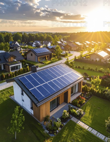 Aerial view showcases modern houses with solar panels and green roofs in a suburban setting,