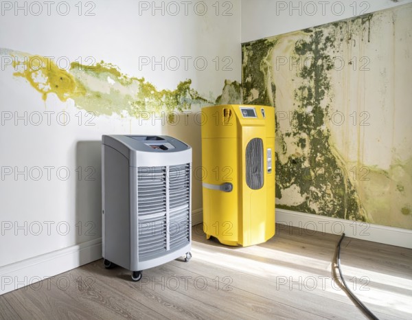 A specialized dehumidifier operates in a mold-infested room following water damage, Shell