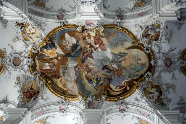 St. George and James Catholic Church, interior view, ceiling frescoes, Isny, Allgäu,