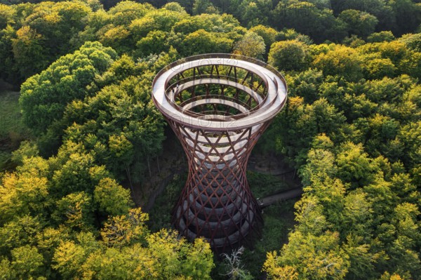 Aerial view over 45-meter-tall hyperboloid observation tower in forest near Gisselfeld monastery at