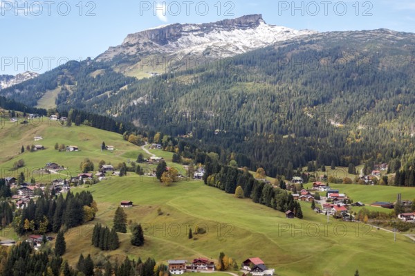 View of Hirschegg and the Kleinwalsertal valley, in the back of Hoher Ifen, Allgäu Alps,