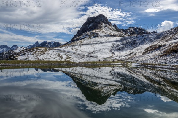 Kanzelwand is reflected in the reservoir, Kanzelwand snow-making pond, mountains of the Allgäu Alps