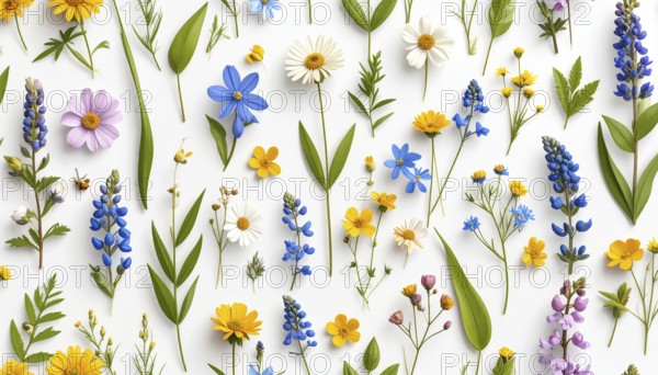Vibrant wildflowers and grass create a colorful and joyful floral pattern, Variety of wild flowers,