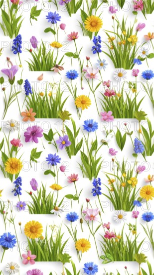 Vibrant wildflowers and grass create a colorful and joyful floral pattern, Variety of wild flowers,
