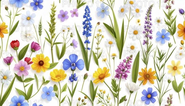 Vibrant wildflowers and grass create a colorful and joyful floral pattern, Variety of wild flowers,