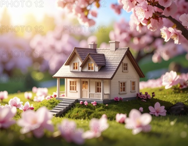 A miniature house surrounded by blooming cherry blossoms and warm sunlight, creating a peaceful and