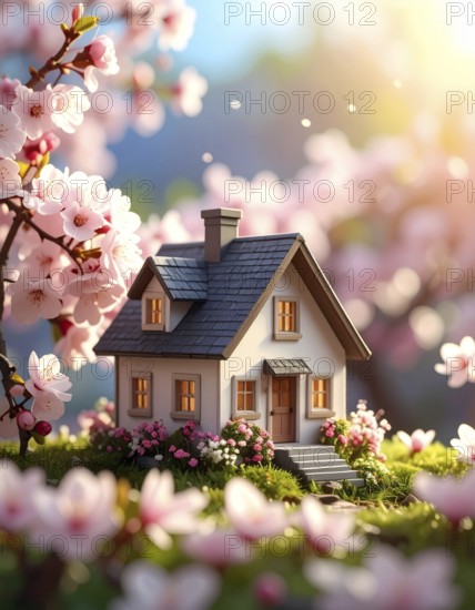 A miniature house surrounded by blooming cherry blossoms and warm sunlight, creating a peaceful and