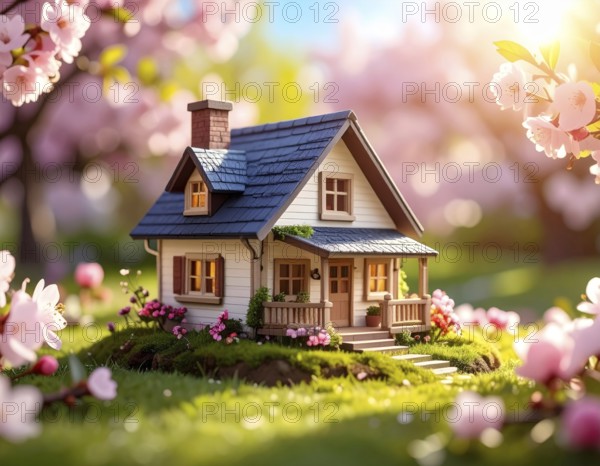 A miniature house surrounded by blooming cherry blossoms and warm sunlight, creating a peaceful and