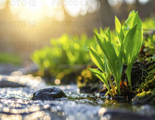 Beautiful spring detailed stream of fresh water, vibrant blooming young green plants, wallpaper