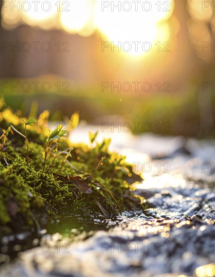 Beautiful spring detailed stream of fresh water, vibrant blooming young green plants, wallpaper
