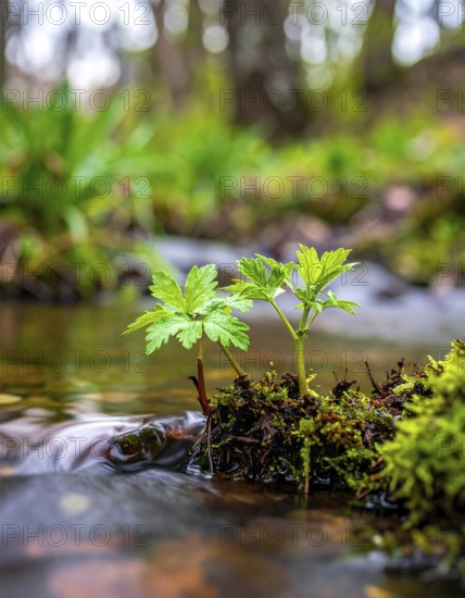 Beautiful spring detailed stream of fresh water, vibrant blooming young green plants, wallpaper